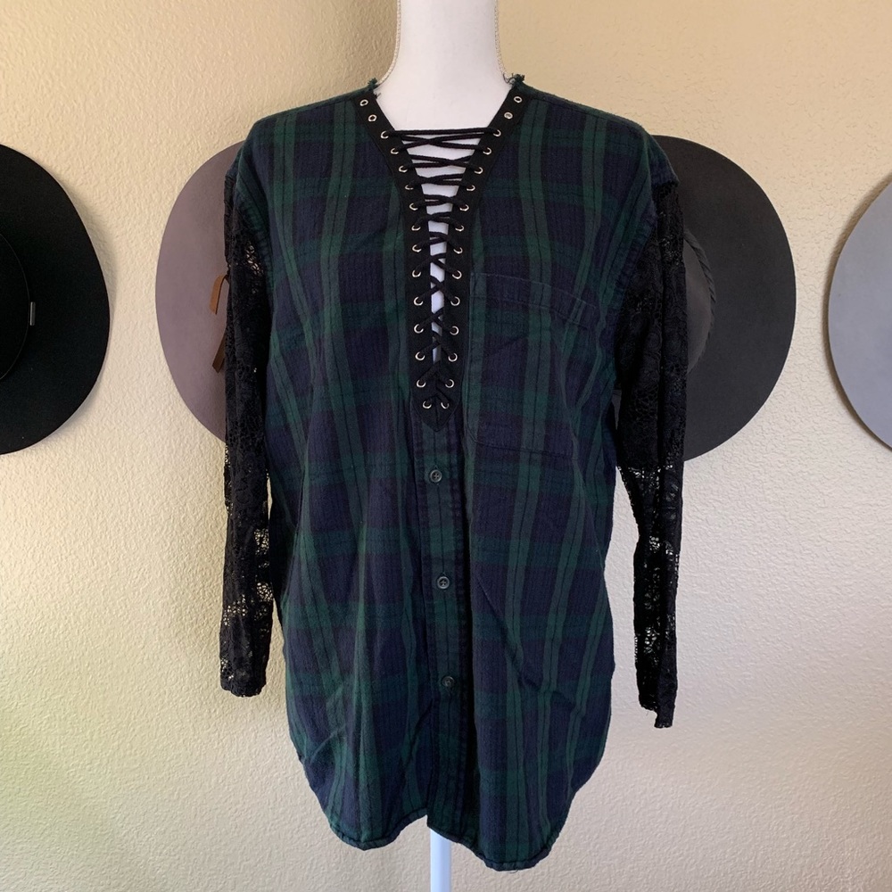 LF Furst of a Kind Lace Sleeve Lace Up Flannel